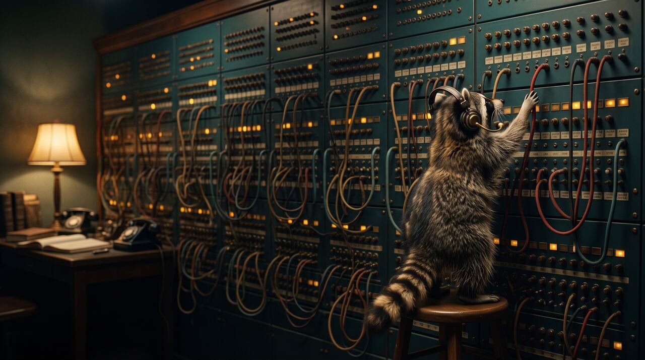 A telephone exchange room: Patch, a raccoon in a cardigan, at the switchboard
